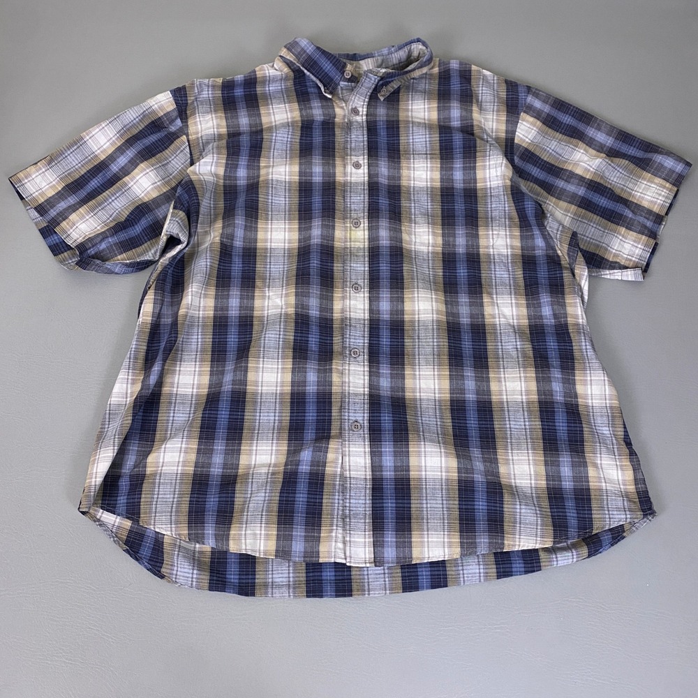 Basic Editions Button Up Shirt Men's Size 2XL Plaid Blue Tan Short Sleeve